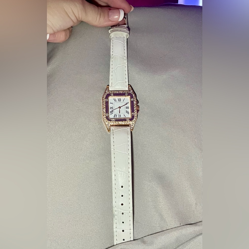Designer inspired faux diamond rose gold watch. Alligator strap